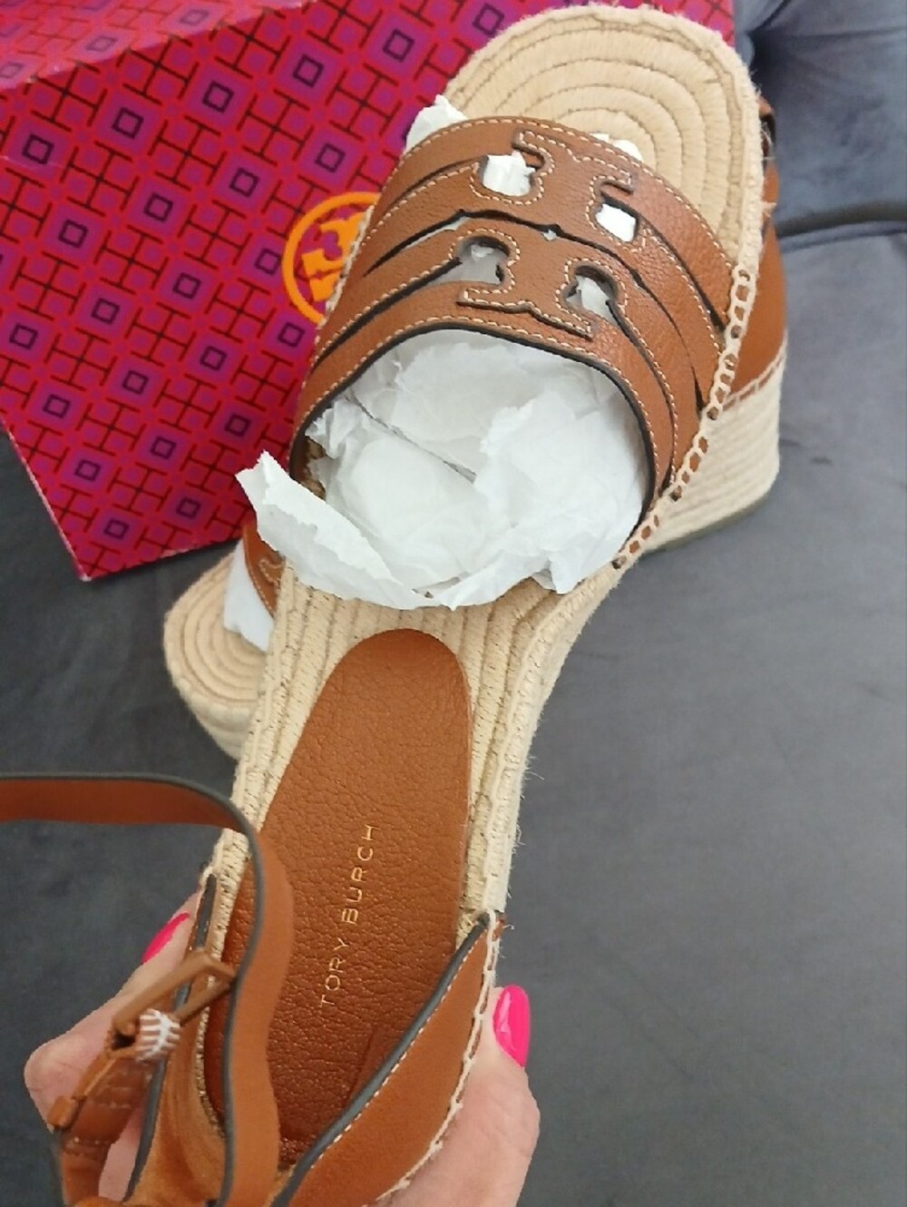 Tory Burch Tan Leather Espadrille Platform Wedge Sandals - Picture 4 of 12